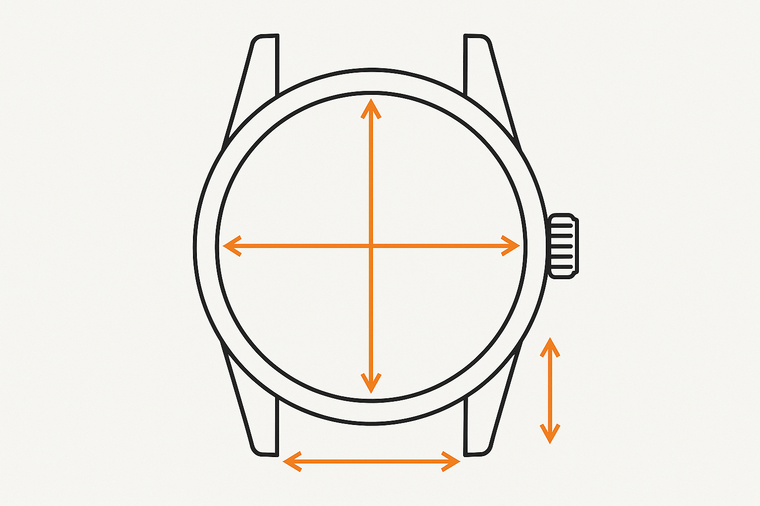 Watch case measurement schematic (diameter, lug-to-lug, thickness, lug width)