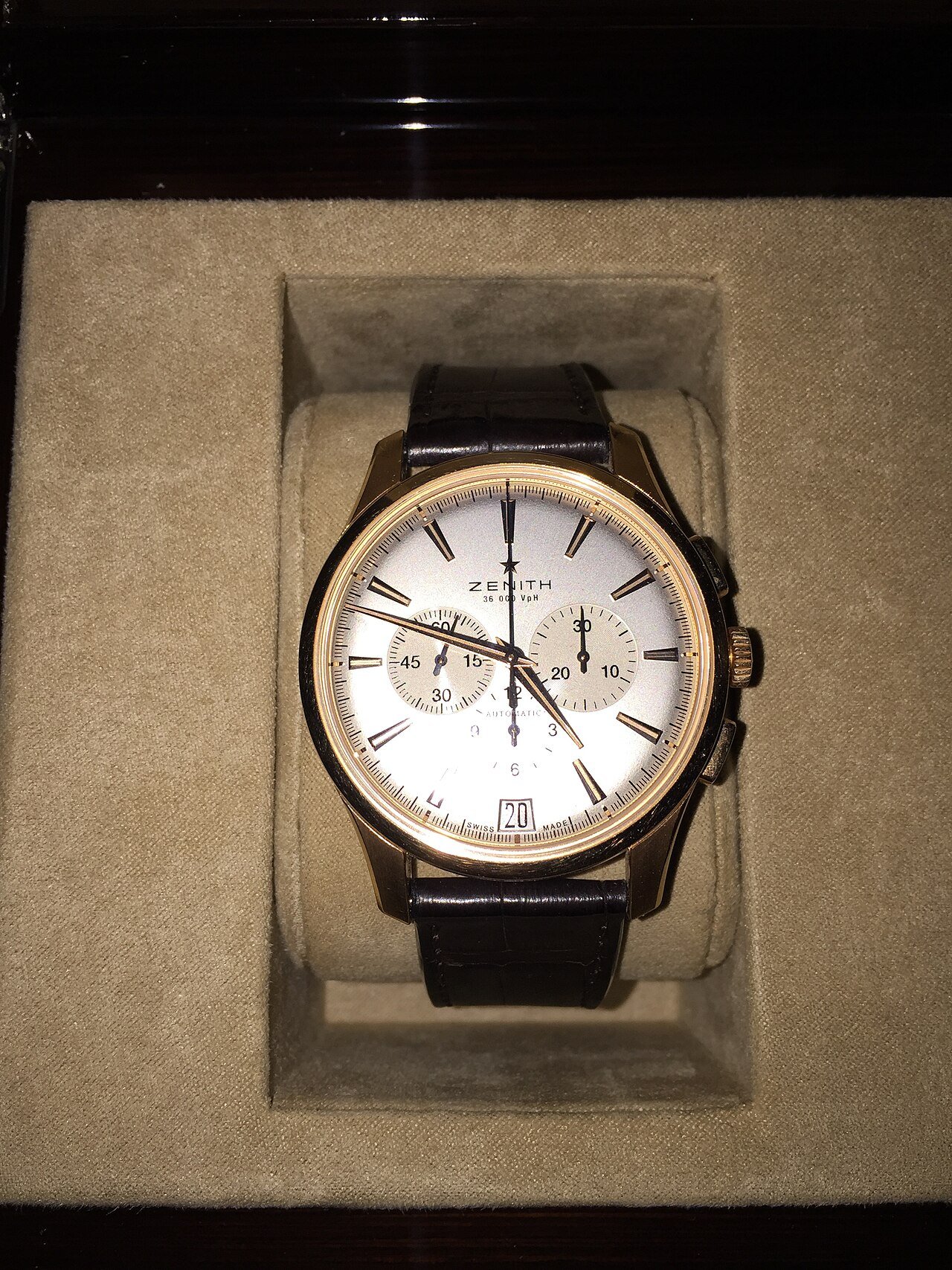 Zenith El Primero chronograph watch close-up (dial and case)