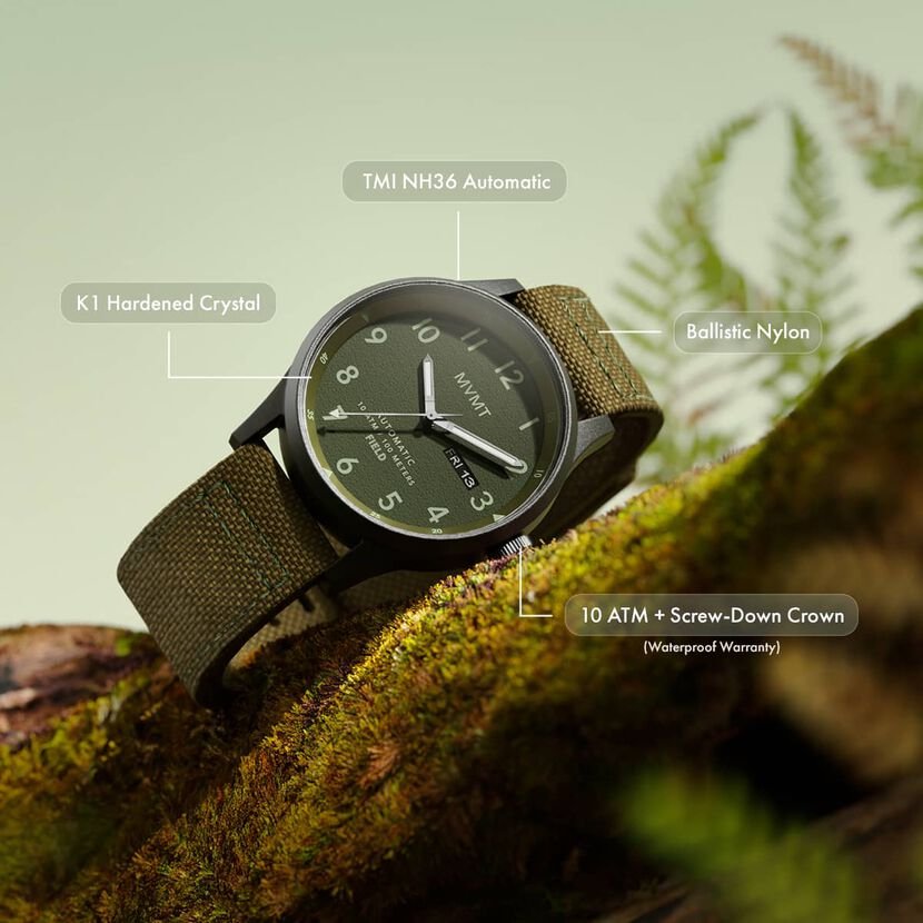 MVMT Field Automatic Pine Green watch – lifestyle photo