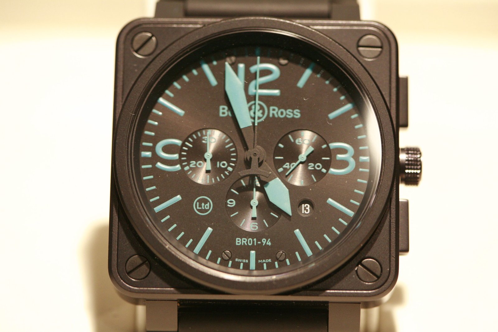 Bell & Ross watch close-up with square case and legible dial