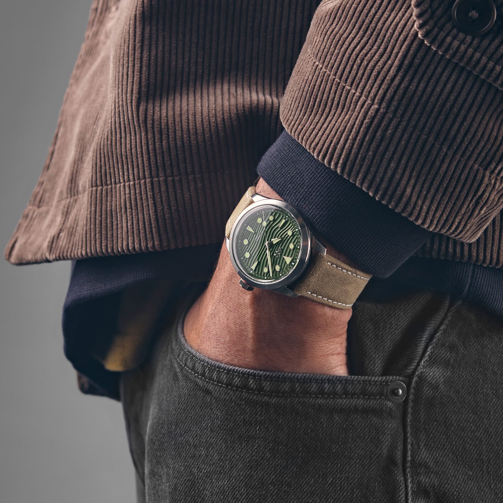 Christopher Ward C65 Dune Aeolian dial close-up with ripple texture