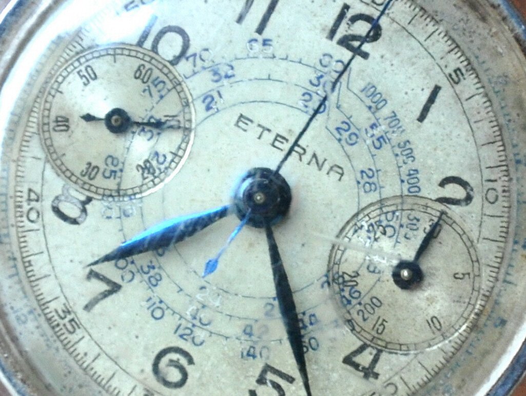 Eterna brand detail close-up on watch dial