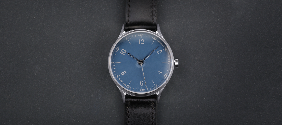 anOrdain Model 1 Hebridean Blue enamel dial watch with black strap