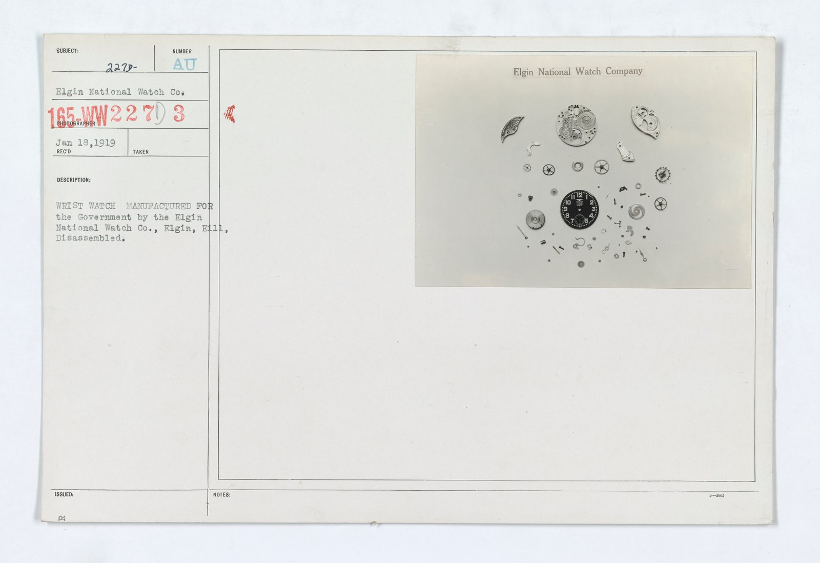 Elgin government-issued wristwatch disassembled (historic archive image)