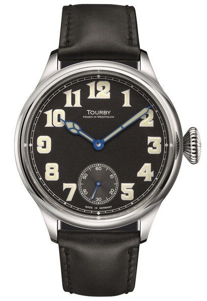Tourby Old Military field-style watch with matte black dial, oversized luminous numerals, blued cathedral hands, small seconds at 6, and leather strap