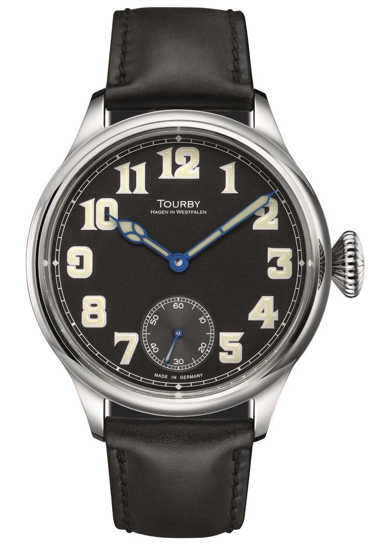 Tourby Old Military watch with black dial, luminous Arabic numerals, blued cathedral hands, and small seconds at 6 o\x27clock