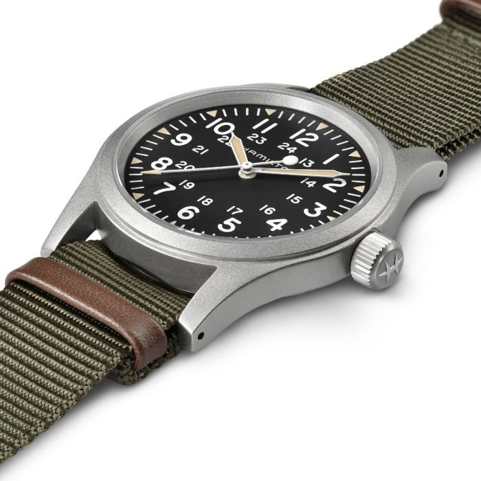 Hamilton Khaki Field Mechanical H69439931 laid view — case, dial, and strap