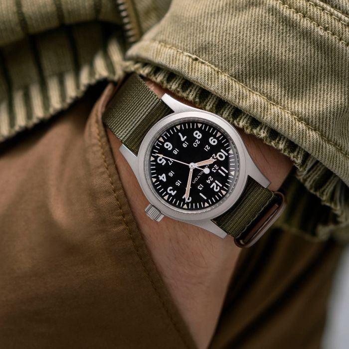 Hamilton Khaki Field Mechanical H69439931 on wrist — black dial field watch