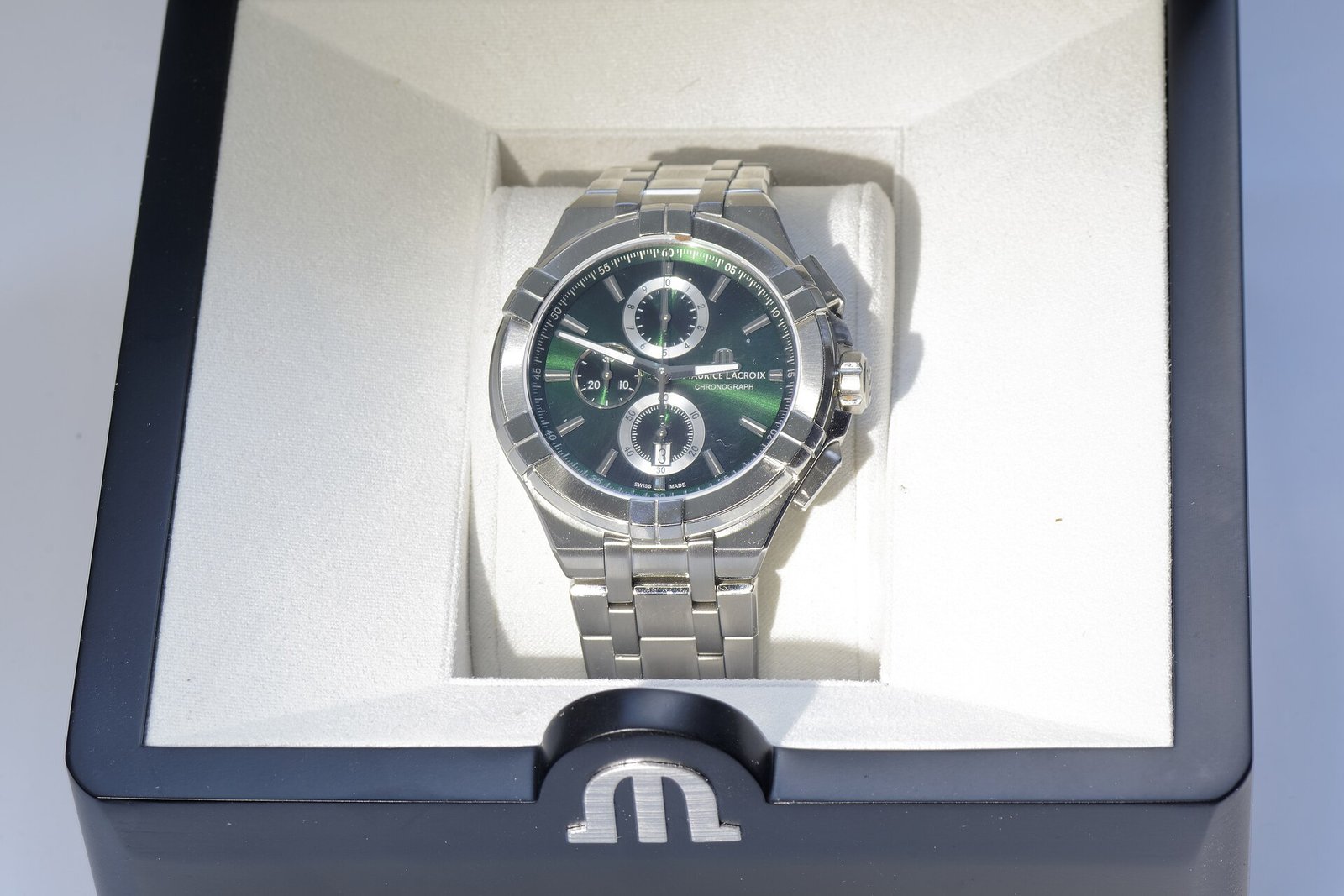 Maurice Lacroix watch running in box (dial view)